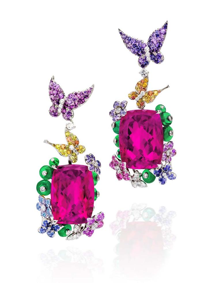 Anna Hu's enchanting pair of high jewellery earrings depicting dainty butterflies, which appear to be carrying two rubellites skywards.
